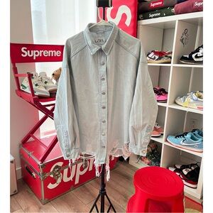 Zara Women Light Blue Distressed Denim Shirt Pre Owned